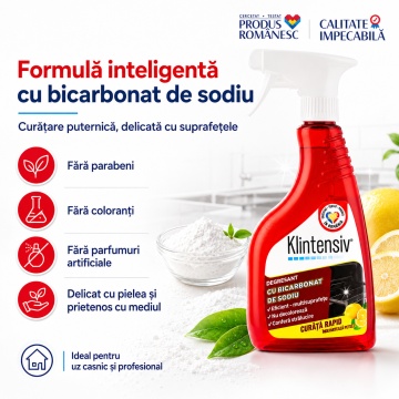 Degresant cu bicarbonat de sodiu Klintensiv, soluție profesională pentru grăsime arsă, pete și murdărie persistentă, fără parabeni, coloranți sau parfumuri artificiale, pentru bucătărie și suprafețe lavabile, 500 ml, 4x Stickere - Img 6