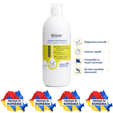 Degresant pardoseli Klintensiv KLINFLOOR DEGREASE, concentrat profesional, pH alcalin, pentru uleiuri, grăsimi, murdărie industrială, gresie, beton, ceramică și hale, 1 L, 4x Stickere