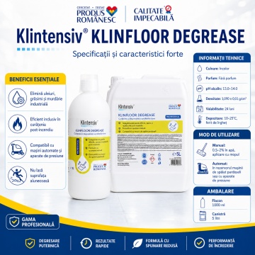 Degresant pardoseli Klintensiv KLINFLOOR DEGREASE, concentrat profesional, pH alcalin, pentru uleiuri, grăsimi, murdărie industrială, gresie, beton, ceramică și hale, 1 L, 4x Stickere - Img 4