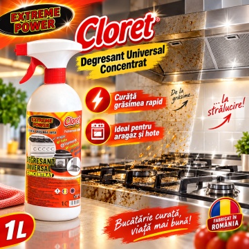 Degresant Universal Concentrat Cloret Extreme Power, pentru Aragaz, Hote, Cuptoare, Grătare, Rotisoare și Rosturi, Curățare Intensivă, Dizolva grasimea arsa, Fabricat în România, 1 L - Img 2