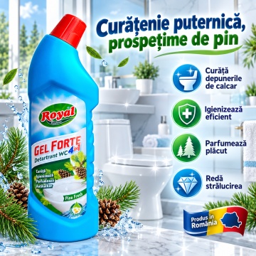 Detartrant WC 4 în 1 Royal Hygiene Gel Forte Pine Fresh, Curăță, Igienizează, Parfumează și Îndepărtează Calcarul, cu Extract Natural de Mușețel, Fabricat în România, 750 ml - Img 2