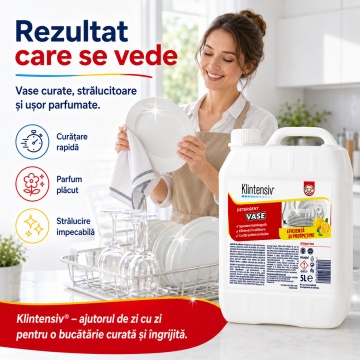Detergent de vase Klintensiv, lichid concentrat profesional pentru spălare manuală, degresant pentru veselă, tăvi, tacâmuri, pahare și ustensile, canistră, 5 L, 4x Stickere - Img 2