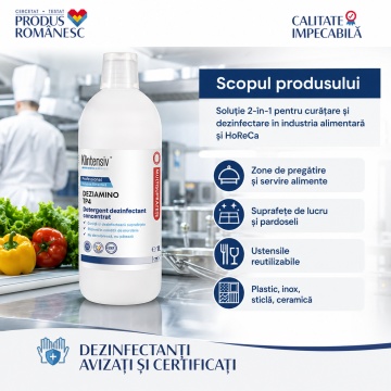 Detergent dezinfectant concentrat DEZIAMINO, TP4, pentru industria alimentară și HoReCa, bactericid, fungicid, levuricid și virucid, biodegradabil peste 90%, 1 L, 4x Stickere - Img 2