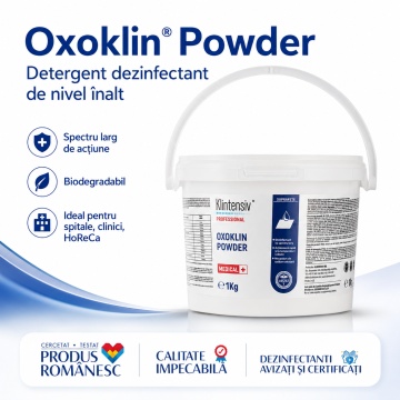 Detergent dezinfectant de nivel înalt Oxoklin Powder Klintensiv, pulbere profesională, bactericid, levuricid, fungicid, virucid, micobactericid și sporicid, pentru suprafețe, instrumentar și textile, 1 kg, 4x Stickere - Img 2