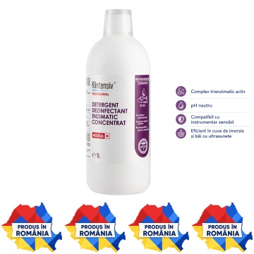 Detergent dezinfectant enzimatic concentrat Klintensiv, pentru instrumentar medical, complex trienzimatic, pH neutru, bactericid, levuricid, fungicid, micobactericid, tuberculocid și virucid, 1 L, 4x Stickere