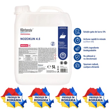 Detergent dezinfectant profesional pentru suprafețe și pavimente Nozoklin 4.5 Klintensiv, soluție 5%, pentru instituții, clinici, birouri, școli, HoReCa și spații comerciale, canistră 5 L, 4x Stickere