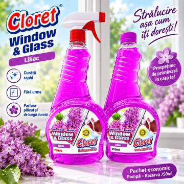 Detergent geamuri Cloret Window & Glass, Pulverizator + Rezerva, Soluție Profesională pentru Geamuri și Sticlă, Power Clean + Alcool, Fabricat în România, Liliac, 2x 750 ml