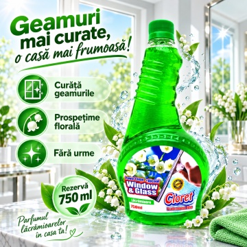 Detergent geamuri Cloret Window & Glass, Rezerva, Soluție Profesională pentru Geamuri și Sticlă, Power Clean + Alcool, Fabricat în România, Lacramioara, 750 ml - Img 2