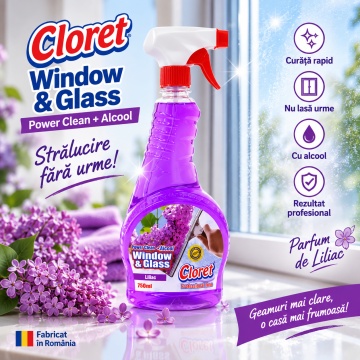 Detergent geamuri Cloret Window & Glass, Soluție Profesională pentru Geamuri și Sticlă, Power Clean + Alcool, Fabricat în România, Liliac, 750 ml - Img 2