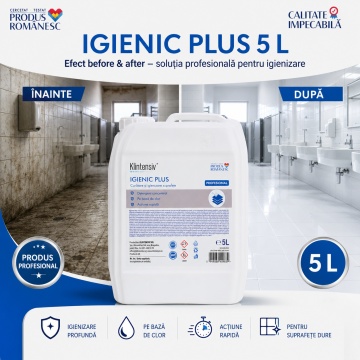 Detergent igienizant profesional Klintensiv Igienic Plus, pe bază de hipoclorit, formulă gel pentru curățare intensivă, spații alimentare, medicale, instituționale și casnice, canistră 5 L, 4x Stickere - Img 2