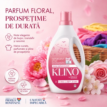 Detergent lichid enzimatic pentru rufe colorate KLINO Klintensiv, eficient de la 20°C, fabricat in Romania, parfum floral, prospetime de durata, 57 spalari, 2 L, 4x Stickere - Img 5