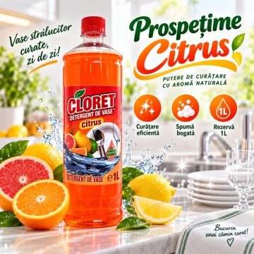 Detergent Lichid pentru Vase Cloret Dishwashing Liquid Citrus, Ideal pentru reumplere, Degresare și Curățare Eficientă, Aromă Citrus, 1 L - Img 2