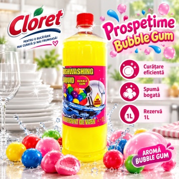 Detergent Lichid pentru Vase Cloret Dishwashing Liquid Citrus, Ideal pentru reumplere, Degresare și Curățare Eficientă, Aromă Bubble Gum, 1 L - Img 2