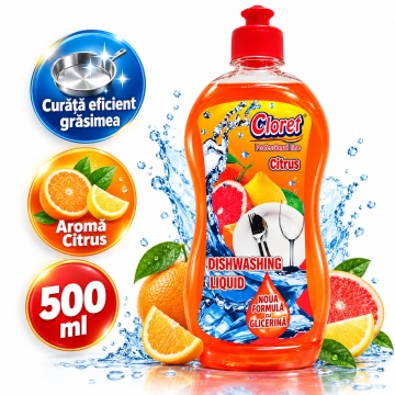 Detergent Lichid pentru Vase Cloret Dishwashing Liquid Citrus, Degresare și Curățare Eficientă, Aromă Citrice, 500 ml