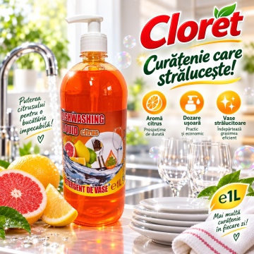 Detergent Lichid pentru Vase Cloret Dishwashing Liquid Citrus, Degresare și Curățare Eficientă, Aromă Citrice, 1 L - Img 2