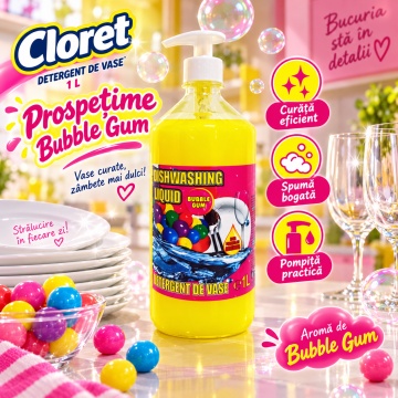 Detergent Lichid pentru Vase Cloret Dishwashing Liquid Citrus, Degresare și Curățare Eficientă, Aromă Bubble Gum, 1 L - Img 2
