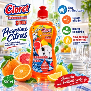 Detergent Lichid pentru Vase Cloret Dishwashing Liquid Citrus, Degresare și Curățare Eficientă, Aromă Citrice, 500 ml - Img 2