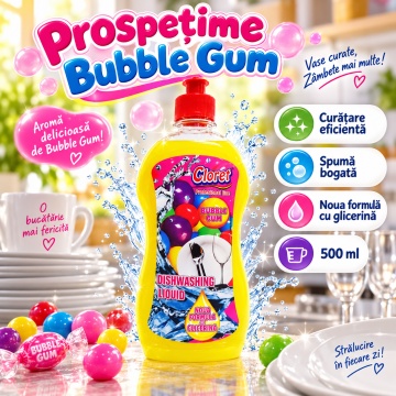 Detergent Lichid pentru Vase Cloret Dishwashing Liquid Citrus, Degresare și Curățare Eficientă, Aromă Bubble Gum, 500 ml - Img 2