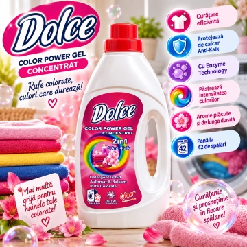 Detergent Lichid și Balsam pentru Rufe Colorate Dolce Cloret Color Power 2 în 1, Gel Concentrat, 42 Spălări, Anticalcar, Enzyme Technology, 1.5 L