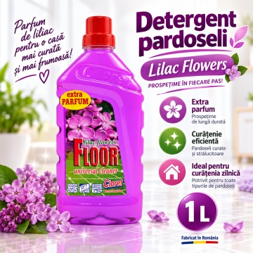 Detergent Pardoseli Cloret Liliac, Curățare Zilnică, Fără Clătire, pentru Mop și Lavetă, Parfum Floral Delicat, Fabricat în România, 1 L