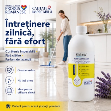 Detergent pardoseli Klintensiv KLINFLOOR DAILY, concentrat, parfum lavandă, fără spumare, fără clătire, pentru gresie, marmură, granit, parchet laminat, vinil și linoleum, 1 L, 4x Stickere - Img 4