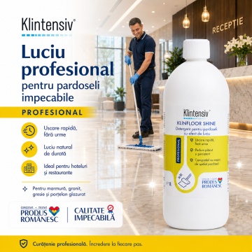 Detergent pardoseli Klintensiv KLINFLOOR SHINE, concentrat, efect de luciu, fără clătire, uscare rapidă, pentru gresie, granit, marmură, ceramică și porțelan, 1 L, 4x Stickere - Img 4