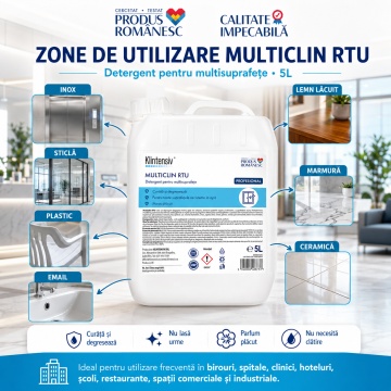 Detergent profesional multisuprafețe Klintensiv MultiClin RTU, soluție degresantă gata de utilizare, pentru suprafețe dure lavabile, birouri, hoteluri, clinici, restaurante și spații comerciale, canistră 5 L, 4x Stickere - Img 2