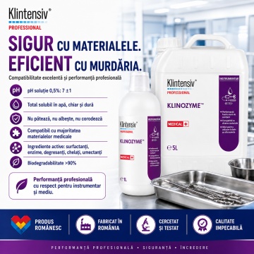 Detergent profesional tri-enzimatic pentru instrumentar medical Klinozyme Klintensiv Professional, endoscoape, instrumentar stomatologic și chirurgical, spumare redusă, biodegradabil peste 90%, 5 L, 4x Stickere - Img 6