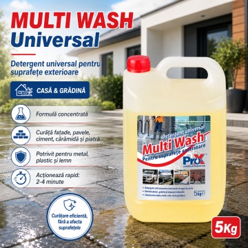 Detergent universal concentrat Multi Wash PRO X, pentru suprafețe exterioare, fațade, pavele, ciment, piatră, lemn, auto, moto, barcă, rulotă, 5 Kg, 4x Stickere - Img 2