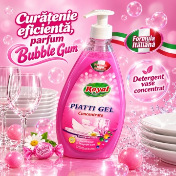 Detergent Vase Profesional Concentrat Royal Hygiene Piatti Gel Concentrato Bubble Gum, cu Bicarbonat și Mușețel, Formulă Eco Italiană, Fabricat în România, 800 ml - Img 2