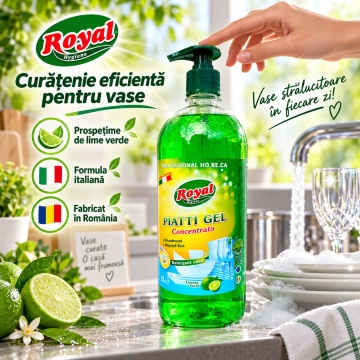 Detergent Vase Profesional Concentrat Royal Hygiene Piatti Gel Concentrato Lămâie Verde, Concentrat HoReCa, cu Bicarbonat și Mușețel, Formulă Eco Italiană, Fabricat în România, 1 L - Img 2