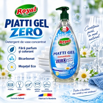 Detergent Vase Profesional Concentrat Royal Hygiene Piatti Zero, Fără Parfum și Coloranți, cu Bicarbonat și Mușețel, Formulă Eco Italiană, Fabricat în România, 800 ml - Img 2