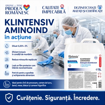 Dezinfectant detergent concentrat Klintensiv Aminoind, pentru HoReCa, producție alimentară, depozite și echipamente, TP4, biodegradabil 90%, canistră 5 L, 4x Stickere - Img 2