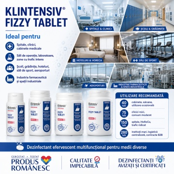 Dezinfectant efervescent Klintensiv Fizzy Tablet, TP2, spectru larg, pentru suprafețe dure, pavimente, textile, instrumentar și obiecte medicale, aviz biocid, 150 tablete, 4x Stickere - Img 6