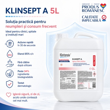 Dezinfectant mâini și piele Klinsept A, hidroalcoolic, 85% etanol, fără clătire, testat dermatologic, pentru dezinfectare igienică și chirurgicală, 5 L, 4x Stickere - Img 2