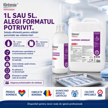 Dezinfectant profesional concentrat Klintensiv Aminoquat, pentru spitale, clinici, ambulanțe, cabinete stomatologice, saloane și instituții, biodegradabil peste 90%, canistră 5 L, 4x Stickere - Img 6