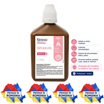 Dezinfectant profesional pentru mâini și piele Betaklin Klintensiv, cu 7,5% iod povidonă, bactericid, levuricid, virucid, micobactericid și tuberculocid, testat dermatologic, 120 ml, 4x Sticker