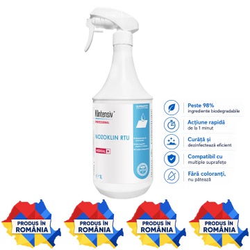 Dezinfectant profesional suprafețe Nozoklin RTU Klintensiv, gata de utilizare, spectru larg, bactericid, levuricid, fungicid și virucid, peste 98% biodegradabil, aviz biocid, 1 L, 4x Stickere