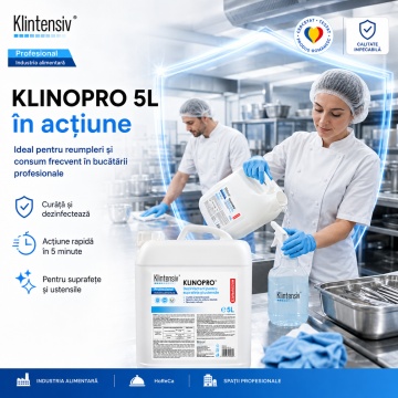 Dezinfectant suprafețe și pavimente Klinopro, soluție profesională pentru HoReCa, bucătării industriale, depozite alimentare și pavimente, bactericid, fungicid, virucid, canistră 5 L, 4x Stickere - Img 6