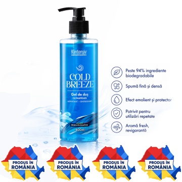 Gel de duș Klintensiv Cold Breeze, aromă fresh răcoritoare, spumă fină, efect emolient și protector, cu D-Panthenol, Zinc PCA și glicerină, peste 94% ingrediente biodegradabile, 400 ml, 4x Stickere