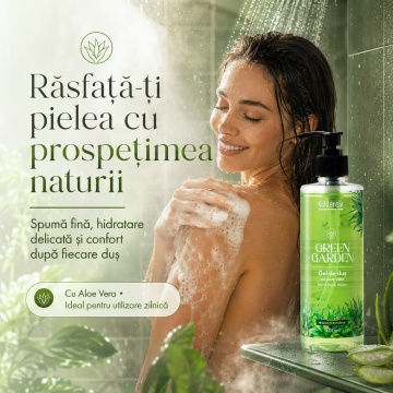 Gel de duș Klintensiv Green Garden, aromă verde proaspătă, cu Aloe Vera, D-Panthenol și Zinc PCA, spumă fină, efect emolient și protector, peste 94% ingrediente biodegradabile, 400 ml, 4x Stickere - Img 2