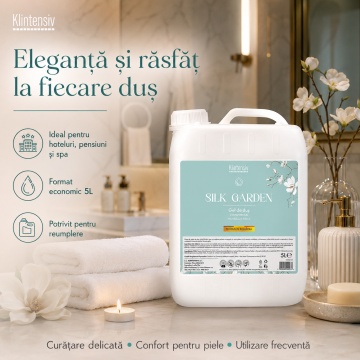 Gel de duș Klintensiv Silk Garden, formulă profesională cu parfum elegant, efect emolient și protector, peste 94% ingrediente biodegradabile, ideal pentru hoteluri, pensiuni, firme, spații publice și reumplere, bidon 5 L, 4x Stickere - Img 2