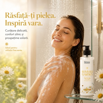 Gel de duș Klintensiv Summer Garden, aromă proaspătă de vară, spumă fină, efect emolient și protector, cu D-Panthenol, Zinc PCA și glicerină, peste 94% ingrediente biodegradabile, 400 ml, 4x Stickere - Img 2
