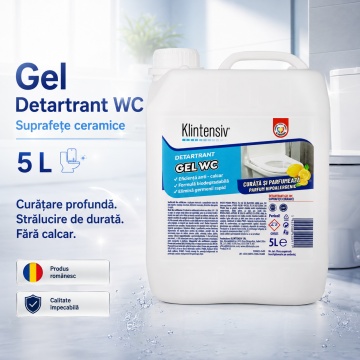 Gel detartrant WC și suprafețe ceramice Klintensiv, anticalcar profesional, textură gel, aderență pe suprafețe verticale, pentru baie, gresie, faianță, ceramică, cabine duș și inox rezistent, 5 L, 4x Stickere - Img 2