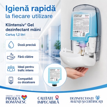 Gel dezinfectant mâini Klintensiv, cartuș 1,2 L, 85% etanol, dezinfectare igienică și chirurgicală, bactericid, fungicid, levuricid, virucid, testat dermatologic, 4x Stickere - Img 2