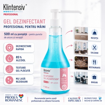 Gel dezinfectant mâini Klintensiv cu pompiță, profesional, 85% etanol, dezinfectare igienică rapidă, fără clătire, pentru recepții, birouri, săli și puncte de acces, 500 ml, 4x Stickere - Img 2