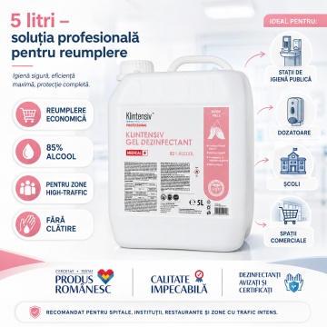 Gel dezinfectant mâini Klintensiv, profesional, 85% etanol, pentru reumplere dozatoare și stații de igienă, canistră 5 L, 4x Stickere - Img 2