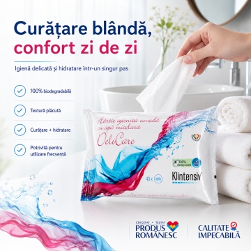 Hârtie Igienică Umedă Klintensiv, biodegradabilă 100%, cu apă micelară, argan și acid lactic, pentru igienă intimă și curățare delicată, 40 șervețele, 4x Stickere - Img 2