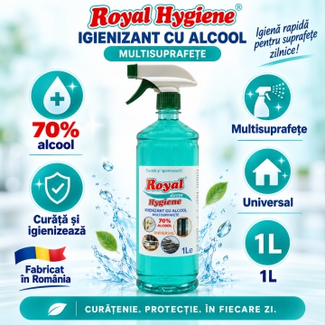 Igienizant Universal cu Alcool 70% Royal Hygiene Soluție Multisuprafețe pentru Curățare și Igienizare, Utilizare Casnică și Profesională, 1 L