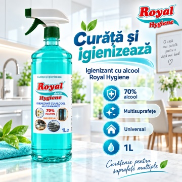Igienizant Universal cu Alcool 70% Royal Hygiene Soluție Multisuprafețe pentru Curățare și Igienizare, Utilizare Casnică și Profesională, 1 L - Img 2